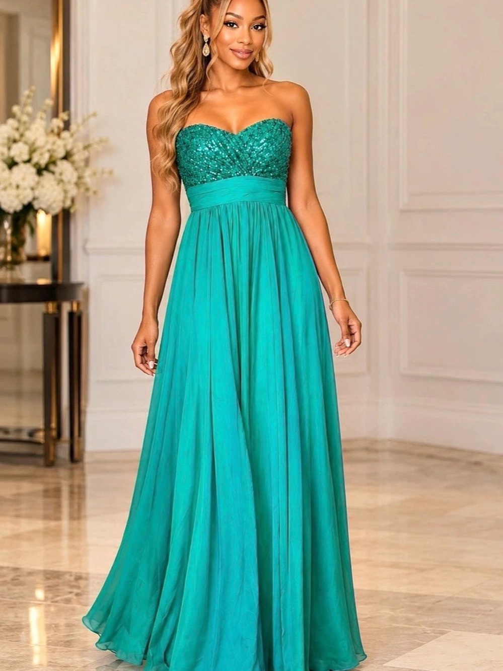 La Femme Sequin Strapless Maxi Dress in Green Size 6